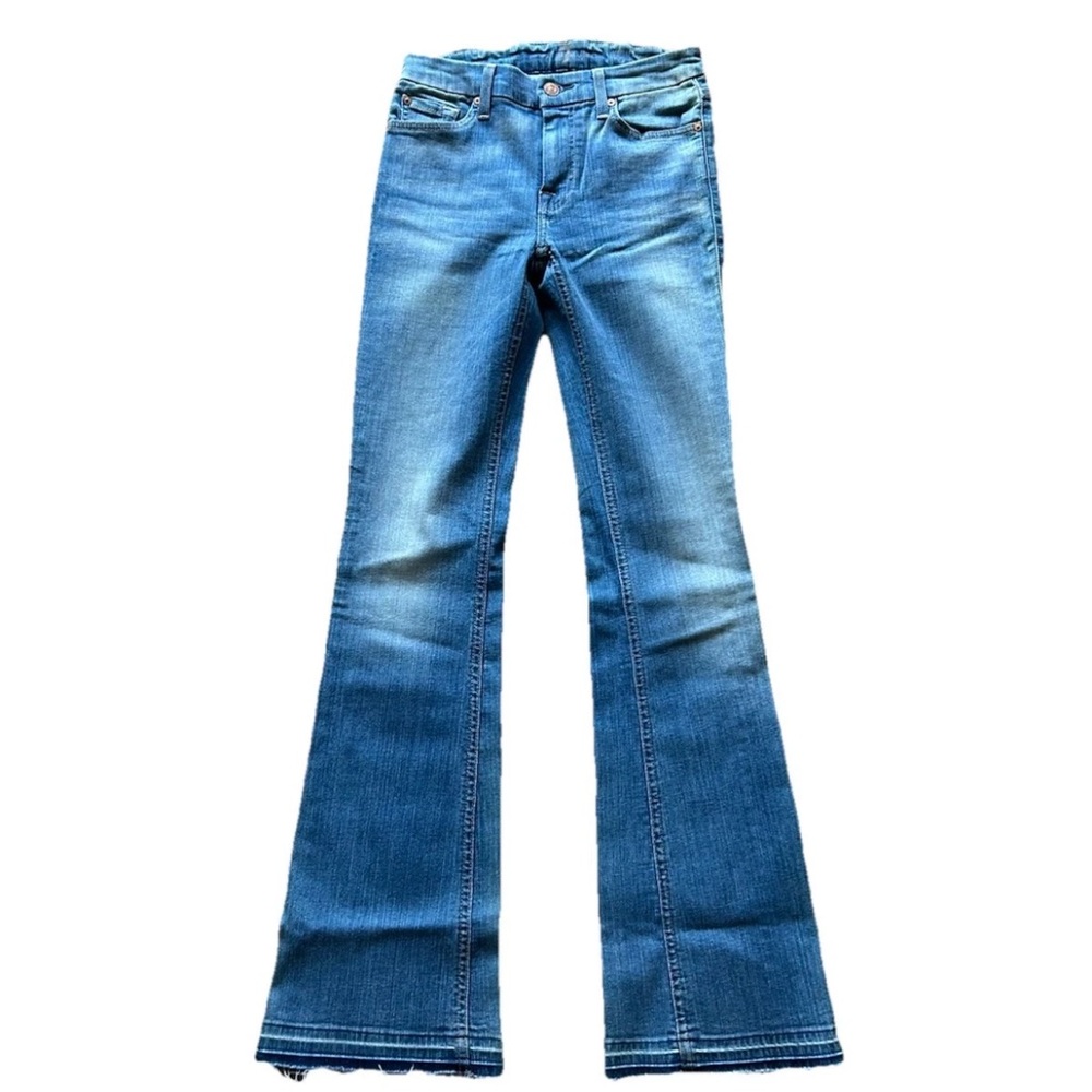 7 For All Mankind Women’s 24 A Pocket Boot Cut Fray Jeans Blue Mid Rise Stretch